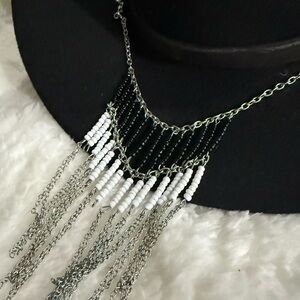 Black & White Beaded Fringe Necklace with Silver Chains